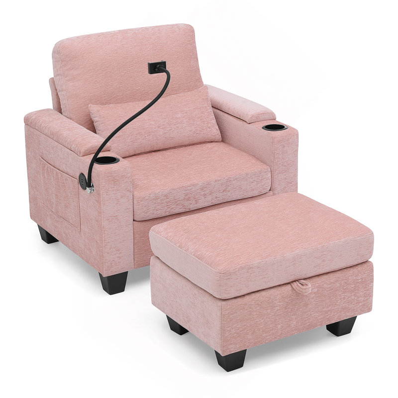 Canapé inclinable simple avec dossier réglable manuellement, port de charge USB sur le côté de l'accoudoir, support pour téléphone inclus, rangement caché pour l'accoudoir et repose-pieds de rangement assorti - rose