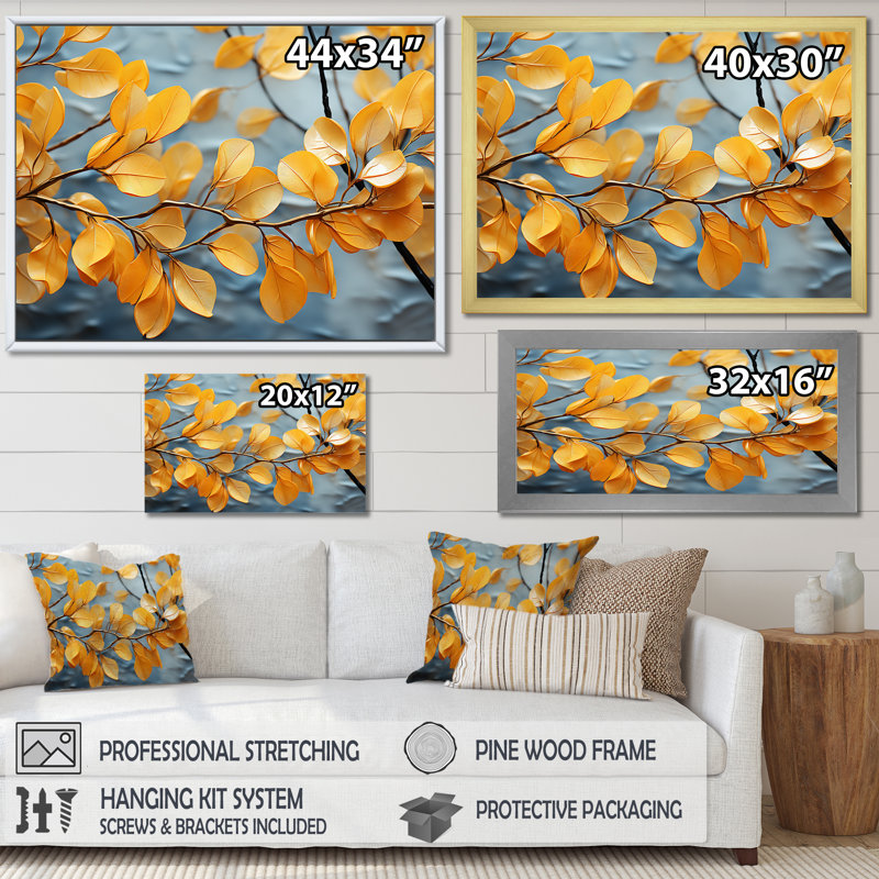 «Golden Foliage Leaves I» sur toile, Cadre naturel flottant, H 34 po x l 44 po x P 1,5 po