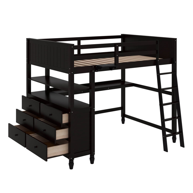 Lit mezzanine double avec tiroirs, bureau et tablettes, Espresso