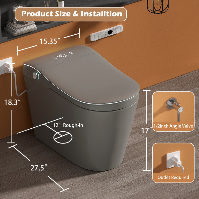 Toilette bidet intelligente sans réservoir avec ouverture / fermeture automatique et chasse automatique, économiseur d'eau 1,28 GPF, siège chauffant, eau chaude instantanée, sécheuse à air chaud, hauteur confort ADA, affichage à DEL et veilleuse