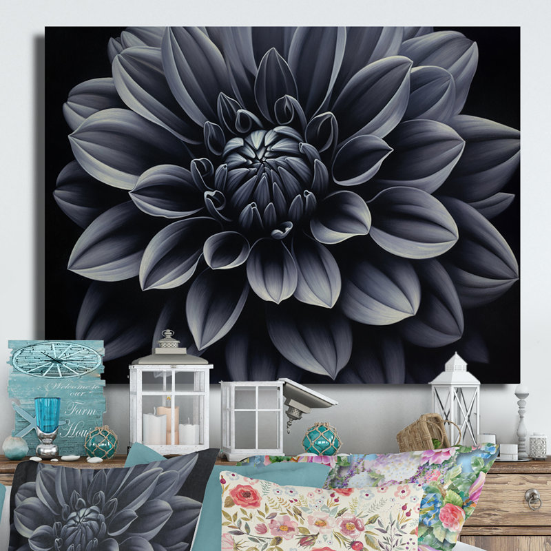 Palette de jardin noire et blanche Dahlia III - décoration murale florale en métal, H 12 po x l 20 po x P 1 po