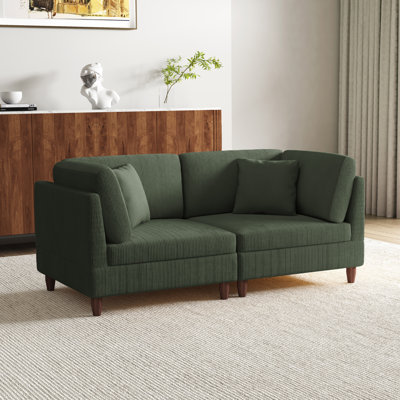 2 - Piece Upholstered Green Corduroy Modular Sectional with Pillow Back and Solid Wood Legs