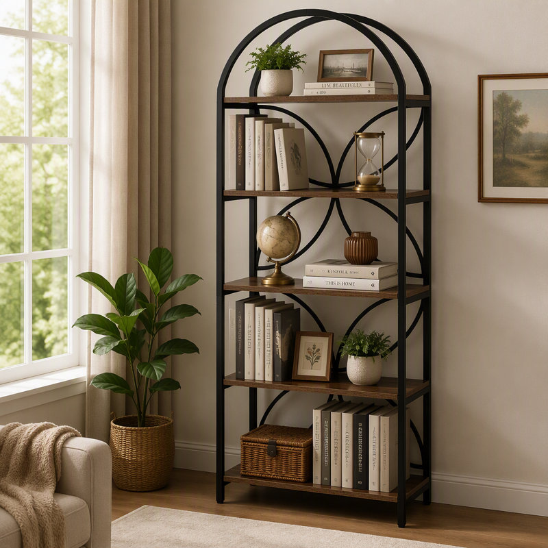 5-Tier Bookshelf, 75" Tall Arched Bookcase Display Rack
