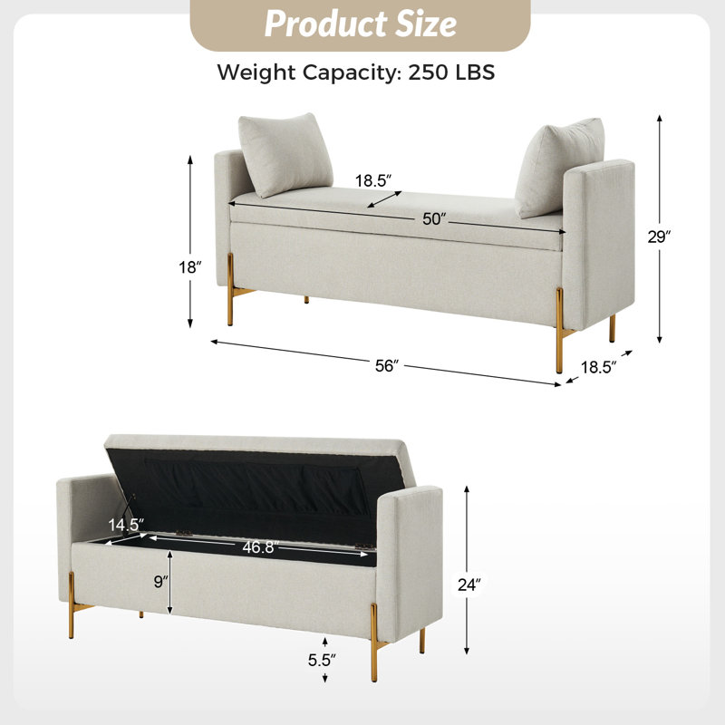 Banc rembourré avec rangement à compartiments et coussins décoratifs l 56 po Aristides, Gris