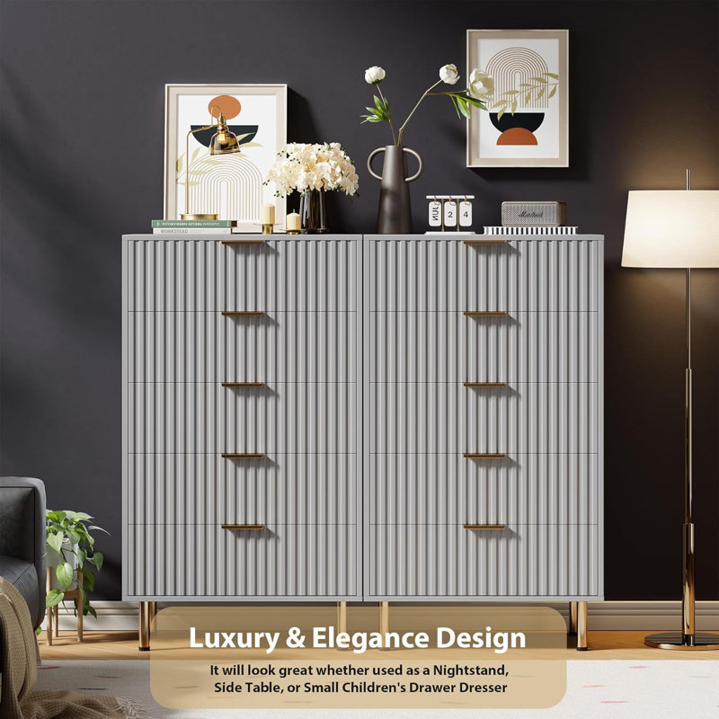 Grey 5 Drawer Dresser for Bedroom Fluted Tall Dresser with Large Drawers and Sturdy Gold Legs Support Dressers Chests of Drawers for Bedroom Living Room s' Room