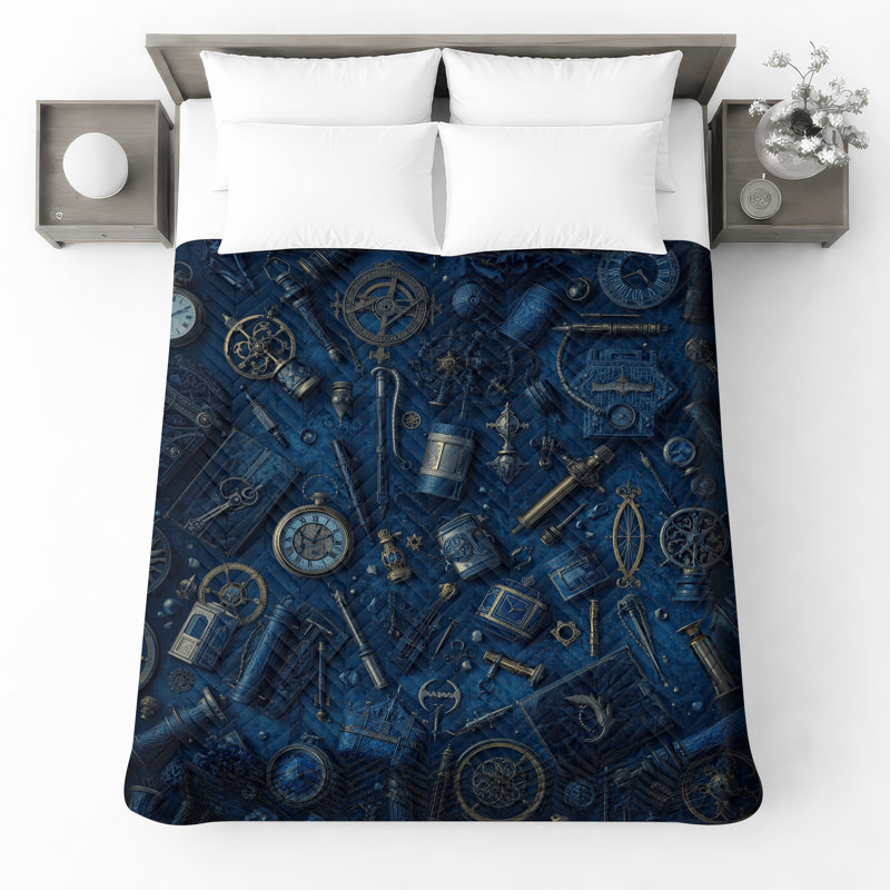 Steampunk Mechanical Objects Quilted Bedspread All Sizes, Full / Double