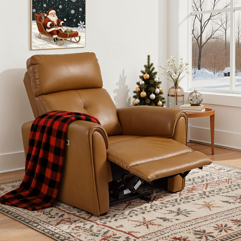 Petit fauteuil inclinable près du mur 17,9 po avec support lombaire et ports de charge USB et Type-C, similicuir, Brun cognac