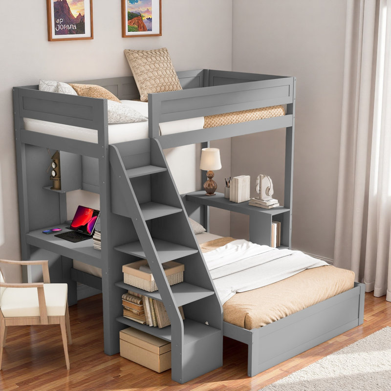 Lit superposé avec bureau et USB, Gris