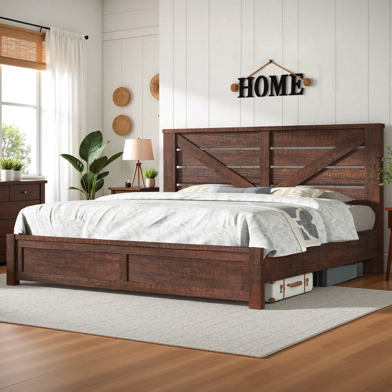  Tryston Farmhouse King Bed Frame with 49.2" Barn Door Headboard, Brown, Brown, King