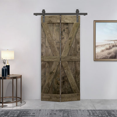 Porte de grange pliante en bois de pin avec quincaillerie coulissante