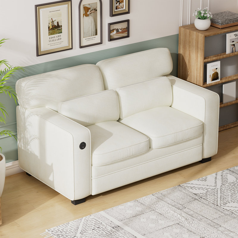 Pull Out Sofa Bed, Sleeper Sofa with 2 USB Charging Ports, Comfortable Loveseat Sleeper with Removable Covers, Beige