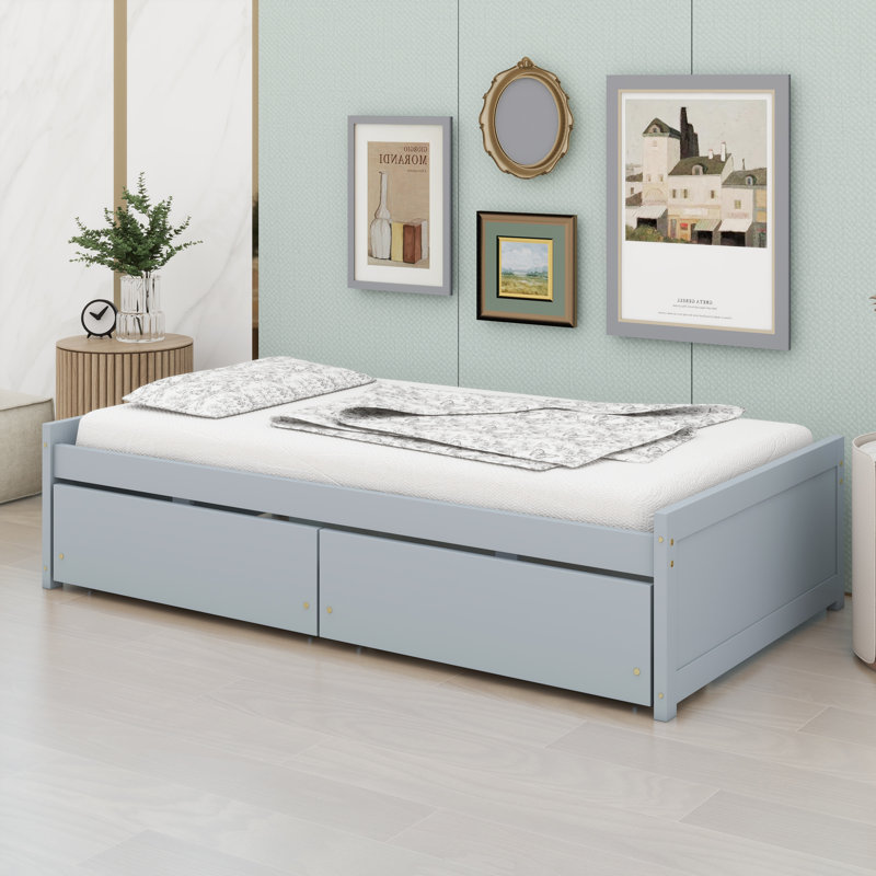 Compact Bed Solution With Pull-Out Storage Drawers, Gray