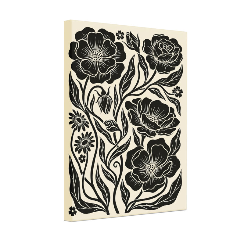 Plantes et fleurs - Motif floral noir et blanc, H 30 po x l 20 po