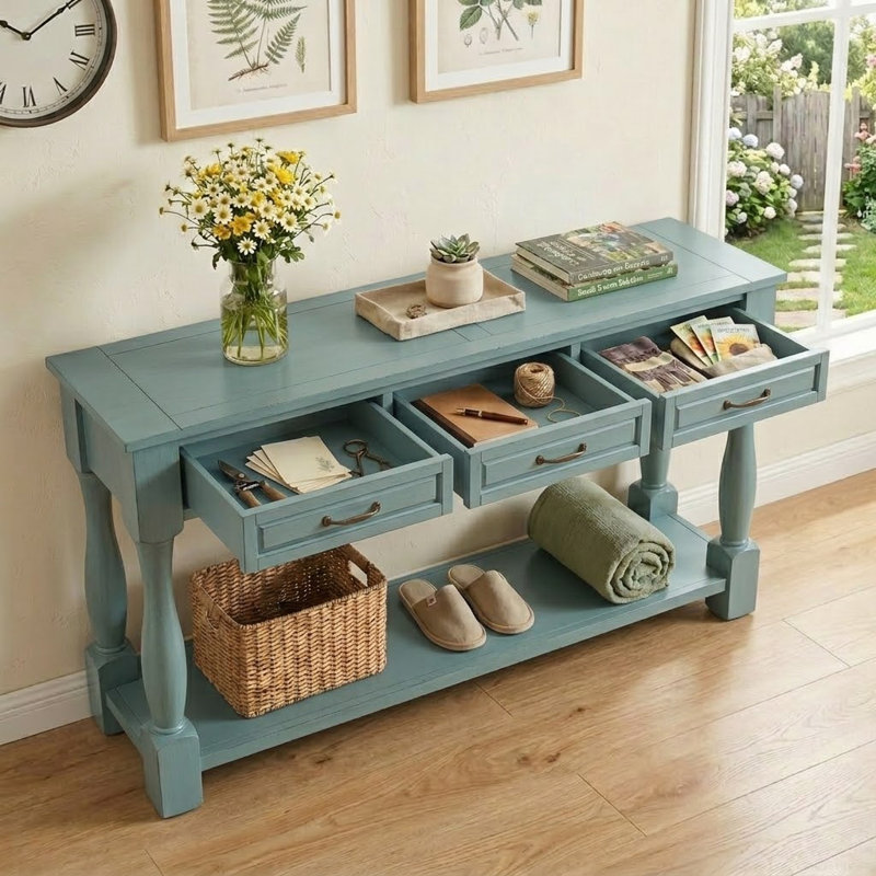 Console en bois avec 3 tiroirs et 4 tablettes inférieures pour canapé d'entrée très épais, Bleu rétro, Bleu rétro