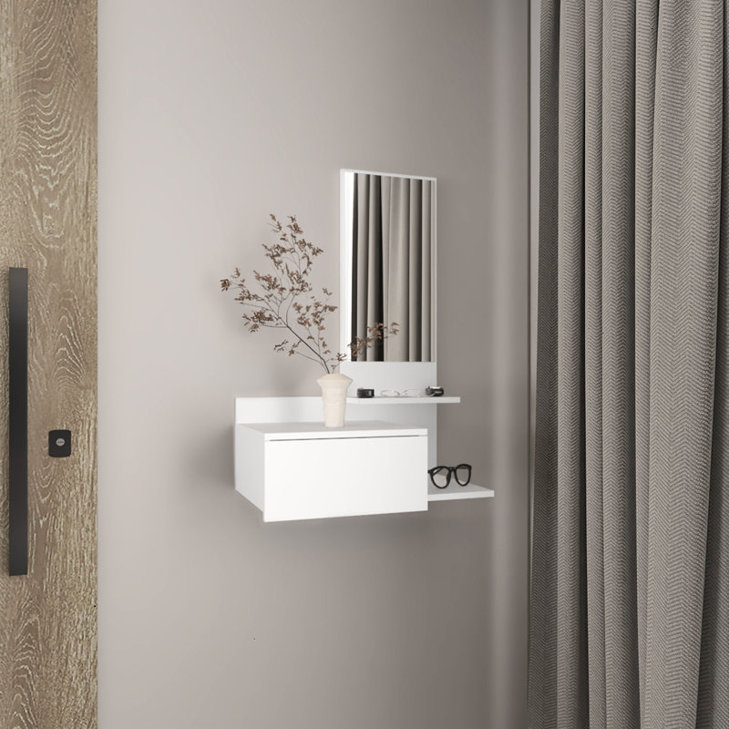 Console à 3 tablettes avec tiroir complet et miroir intégré blanc - modèle, élégant et large de 23,6 po blanc, White