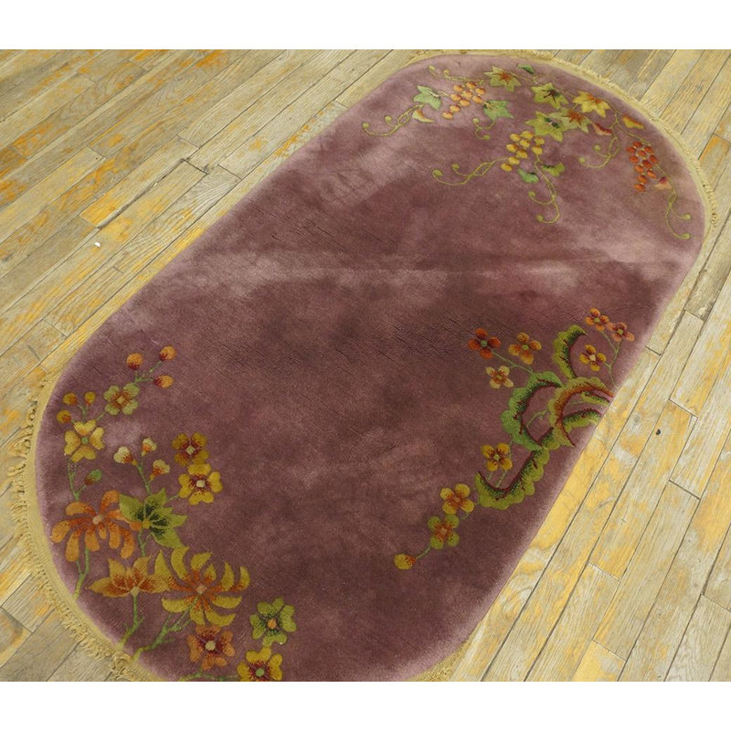 1920s Mauve Open Field Chinese Oval Art Deco Carpet 2'6''x4'8'' Knotted Wool Rug