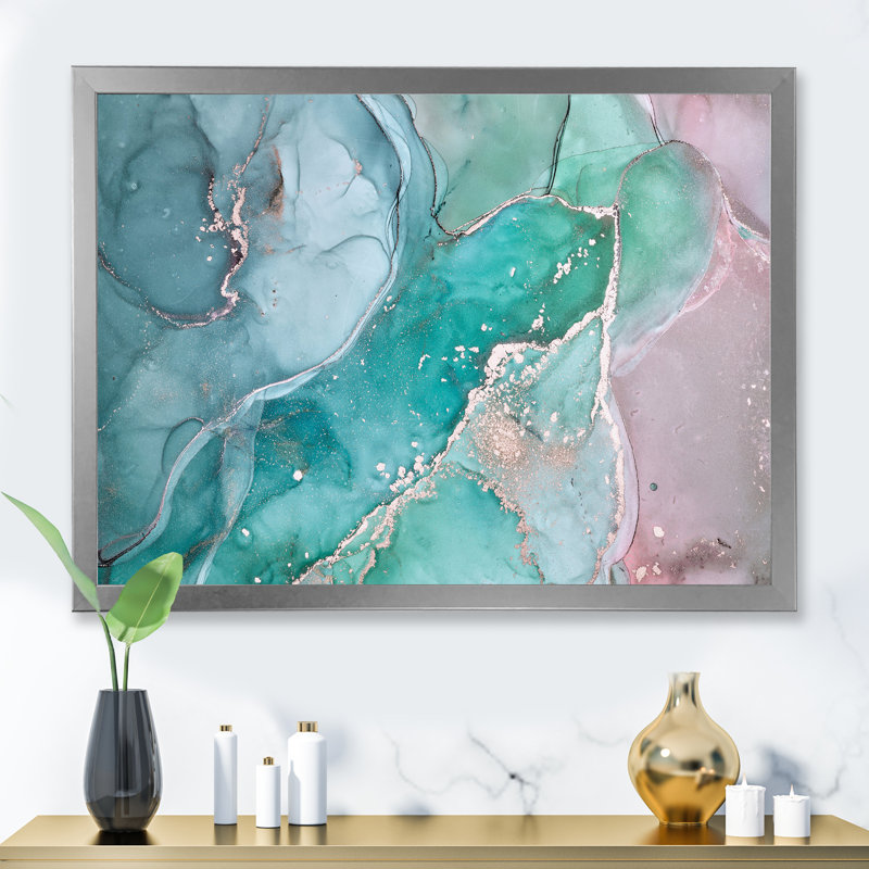 Marbre abstrait turquoise - peinture sur toile, H 12 po x l 20 po, Cadre de coin argenté fermé