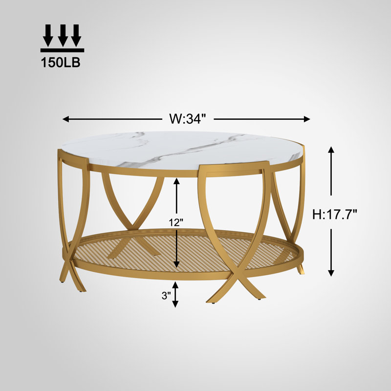 Aumiller Cross Legs Coffee Table with Storage, White/Gold , Marble