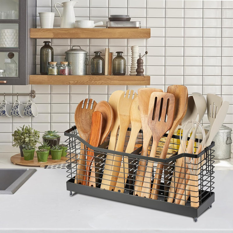 Très grand porte-ustensiles à 3 compartiments, organisateur de comptoir de cuisine durable, conception robuste pouvant contenir plus de 30 ustensiles de cuisine, drainage facile, pieds antidérapants