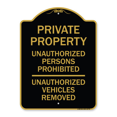 Enseigne Signmission Designer Series - personnes interdites, véhicules non autorisés retirés | Enseigne architecturale noire et dorée en aluminium de gros calibre 18 po x 18 po | Fabriqué aux États-Unis