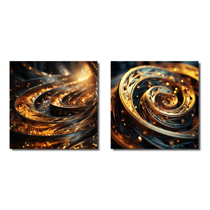 Bright Gold Black Spiral I - Abstract Spirals, ensemble de 2 reproductions d'art mural, Toile tendue