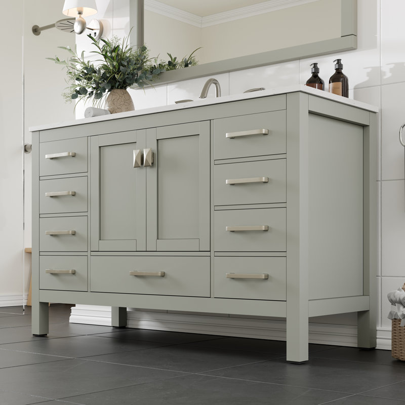 Aberdeen 54" Gray Solid Wood Bathroom Vanity with White Quartz Top