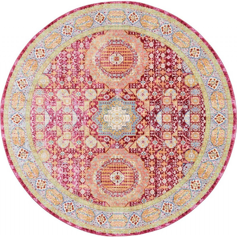 Tapis rouge / orange de style sud-ouest Donminique, Rond 6 pi