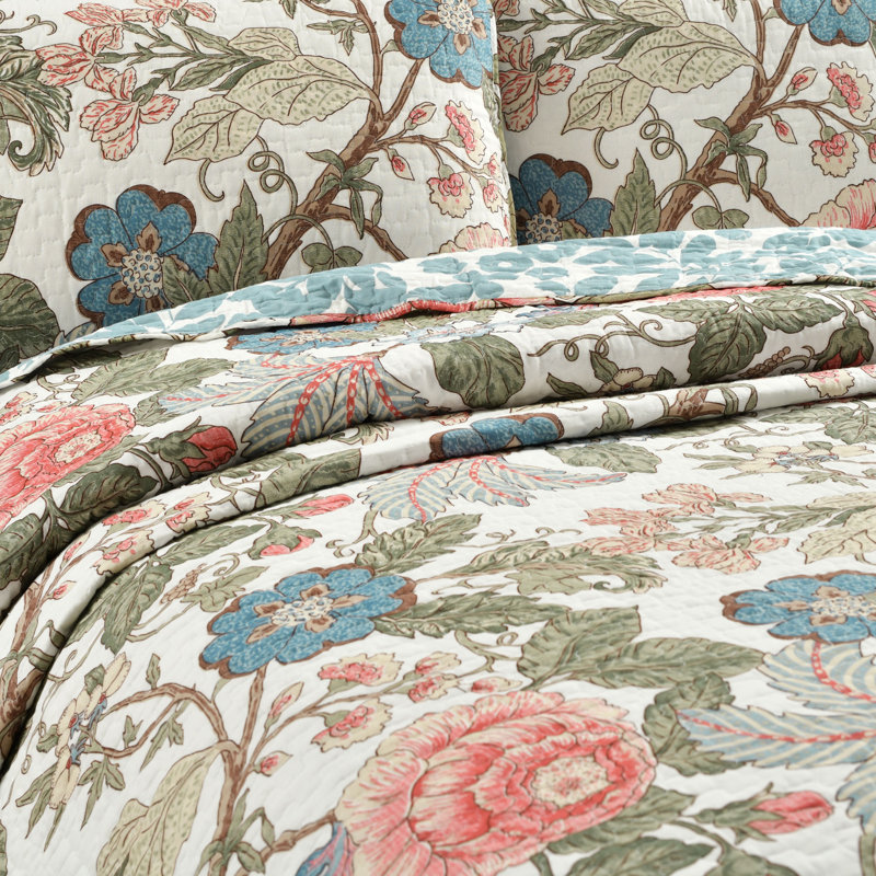 Sydney Green and Blue Cotton Reversible Floral Full Quilt Set