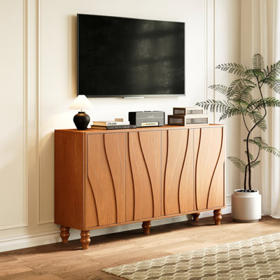 Alcott Hill® 63" Wood Mid-Century Modern Tv Stand With 4 Doors And 2 Adjustable Shelves, High-Capacity  Accent Cabinet, Hand-Made Sideboard  With Solid Wood Feet