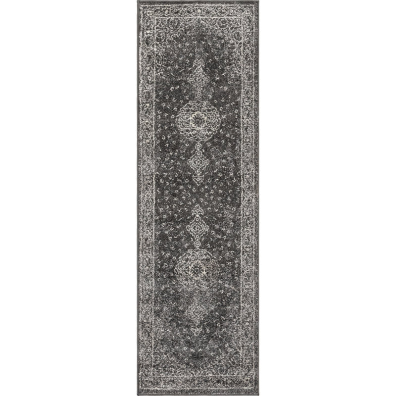 Tapis de style oriental gris foncé, Tapis de couloir 2 pi x 8 pi 8 po