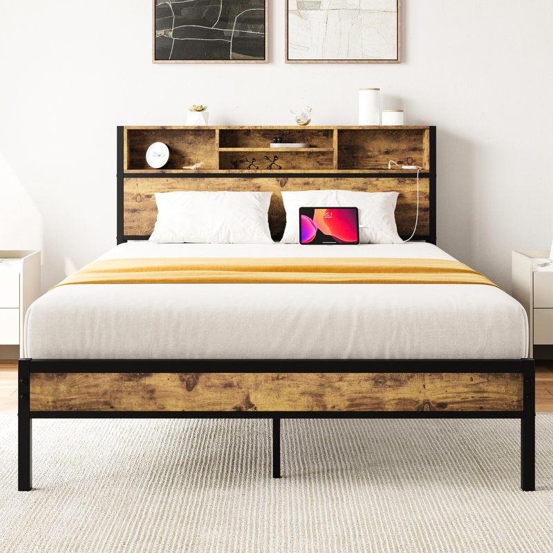 Lit double en métal avec options de rangement et de charge, tête de lit incluse, noir, sans sommier, installation noire silencieuse, métal, robuste, procédure