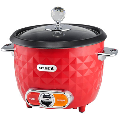 Courant 10 Cup Rice Cooker & Steamer (cooked) with Diamond Design, Chrome Elements with a Crystal lid Handle, Glass lid, Non-stick inner pot, Includes Internal steamer, measuring cup & spoon - Red
