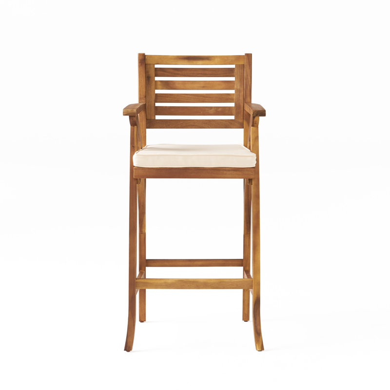 Teak Finish Acacia Wood Outdoor Barstools with Cushions, Set of 2