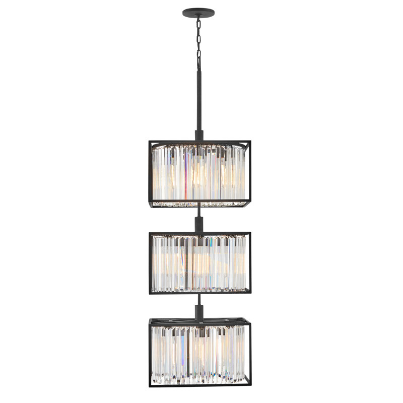 Giada Three-Light Multi-Tier Vertical Chandelier w/ Three Crystal Prism Drums