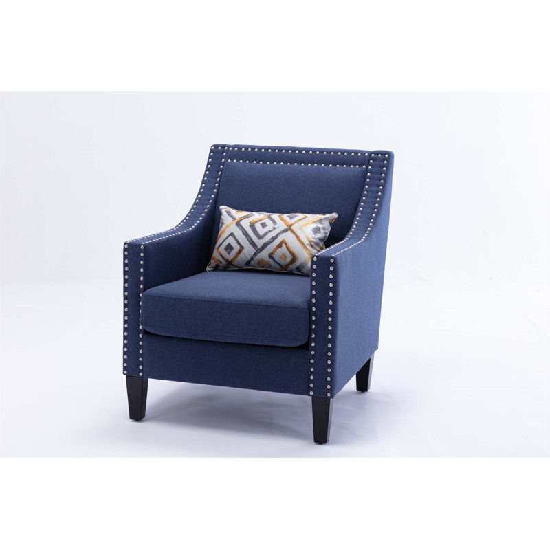 Fauteuil d'appoint avec têtes de clou et pieds en bois massif bleu sarcelle, Lin bleu marine
