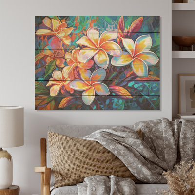 Tropical Colorful Plumeria Wonderland - Plumeria Wood Art On Natural Pine Wood