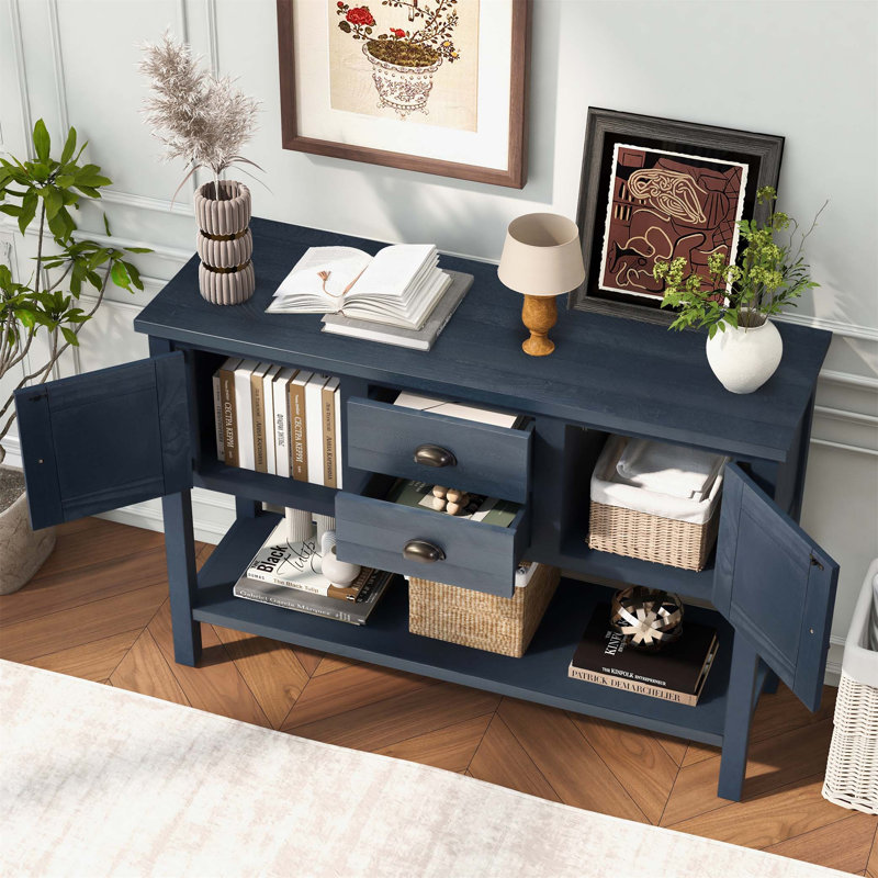 46'' Solid Wood Sideboard Console Table with 2 Drawers, Cabinets, and Bottom Shelf for Versatile Storage and Retro Style