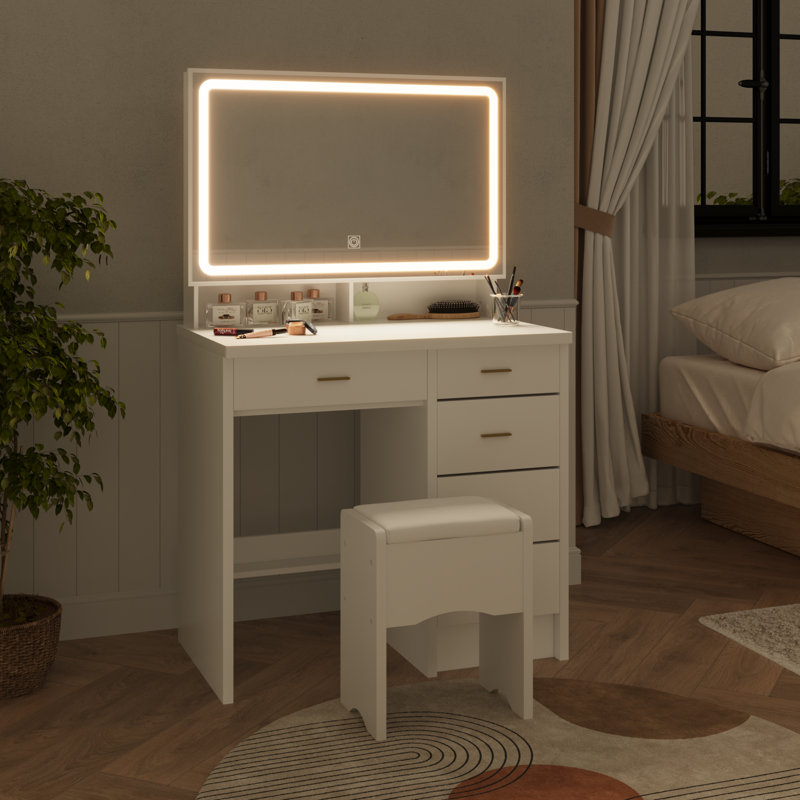 Bureau de coiffeuse avec lumières et miroir Mickyla, Blanc