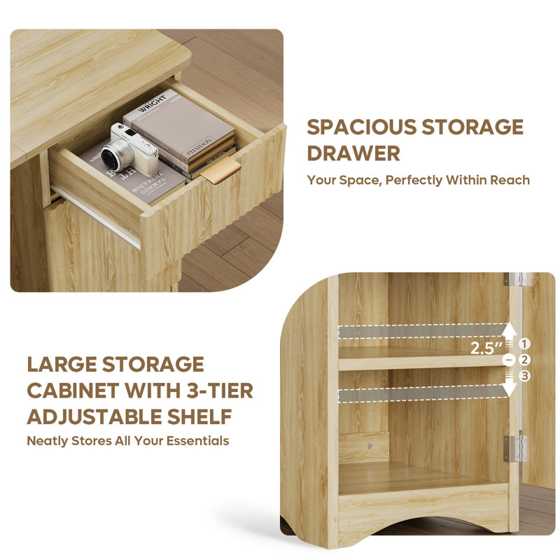 47.24" Fluted Home Office Desk With Drawer And Adjustable Storage Cabinet, Modern Writing & Computer Desk, Natural Oak