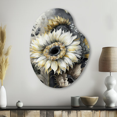 «Elwell White Sunflower» - Art mural en métal tournesol asymétrique, sculpture murale en forme unique