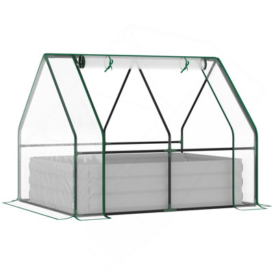 Outsunny 4' X 3' Galvanized Raised Garden Bed With Mini PVC Greenhouse Cover, Outdoor Metal Planter Box With 2 Roll-Up Windows For Growing Flowers, Fr