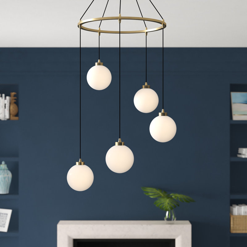 Luminaire suspendu sphérique à 5 lumières Raeburn, Laiton, Blanc