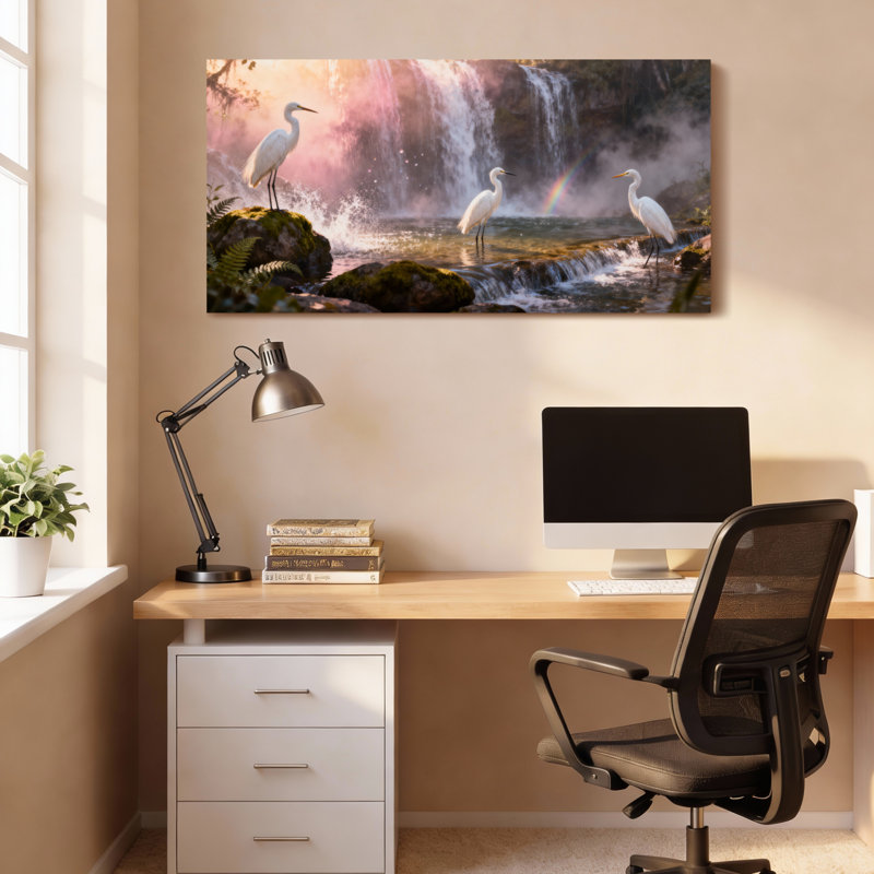 Hérons blancs près d'une cascade, paysage arc-en-ciel, ensemble de 1 tableau sur toile tendue, H 12 po x l 36 po