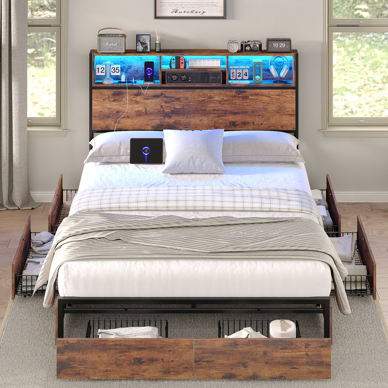 Bed Frame With Led Headboard & Charging Ports, Rustic Wood Platform Full Bed Frame, 6 Storage Drawers And Display Shelf, Heavy-duty Metal Frame, No Box Spring Needed