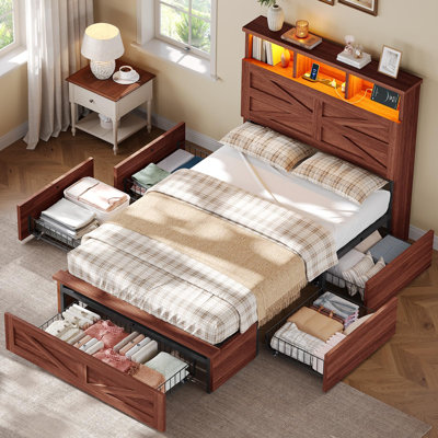 Wood Twin Bed Frame with 5 Drawers and Spacious Storage Headboard Farmhouse LED Metal Platform Bed with Charging Station No Boxing Need