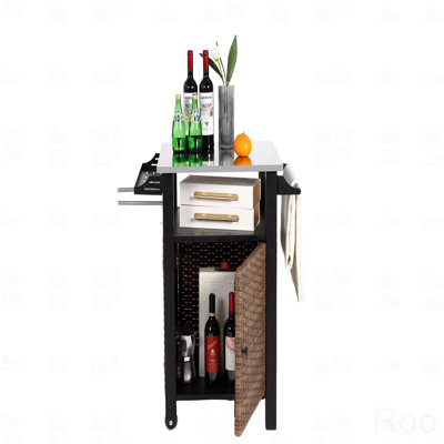 Single Door Bar Cart,Outdoor Kitchen Wicker Island Rolling Cart And Storage Cabinet, Wheels And Stainless Steel Extended Table Top, Side Handle