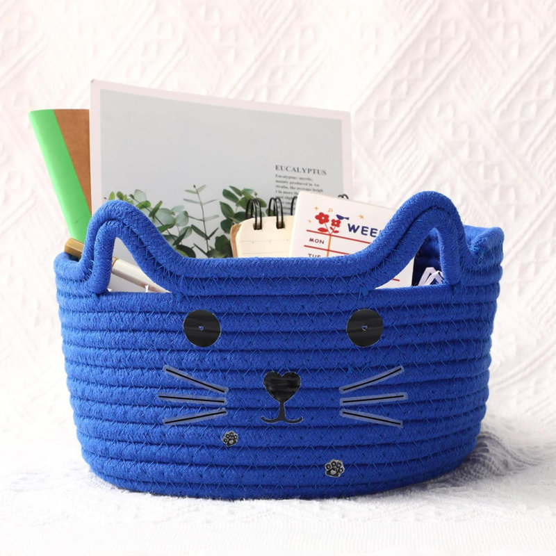 Cat Storage Basket Woven Organizer With Ears Decorative Pet Toy Cute Bin Cotton Rope Basket For Gift Cat Dog Toy Container Nursery Room