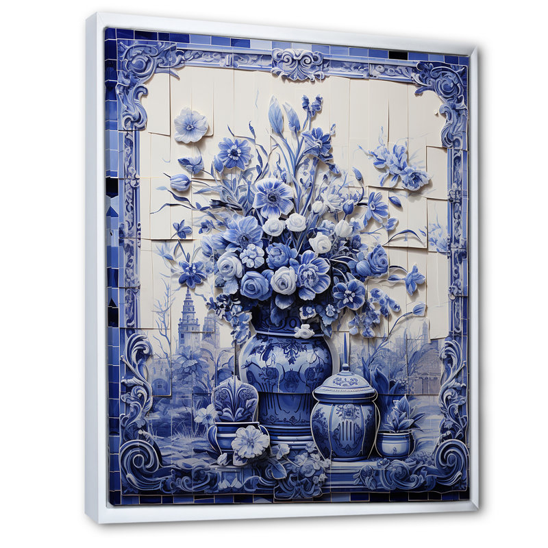 Art mural bleu et blanc Boho Flower Pottery II - Boho Pottery, H 40 po x l 30 po x P 1,5 po, Cadre flottant blanc