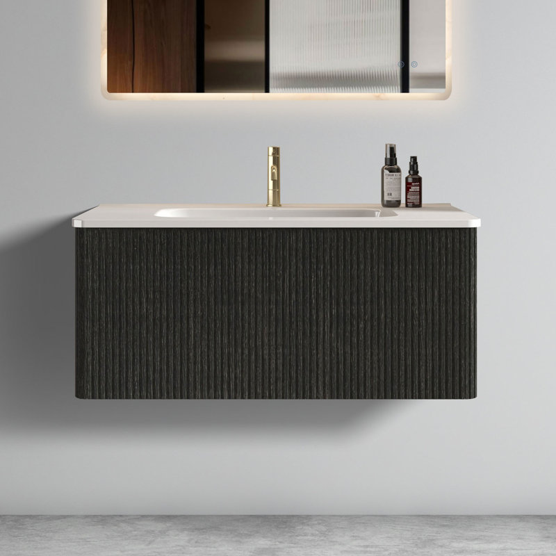 Meuble-lavabo moderne 36 po - Chêne noir rayé, lavabo en céramique blanche, transformation flottante pré-assemblée intégrée sans soudure