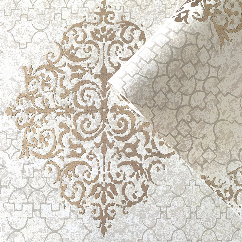 Lustre Metallic 3D Embossed Damask Wallpaper Roll, Brown